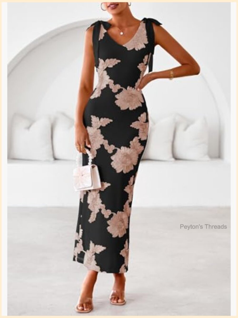 Floral Embroidered Maxi Dress Sleeveless V Neck Tie Strap Mesh Cocktail Dress - Picture 6 of 7